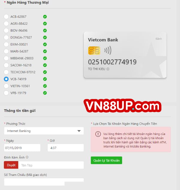 Gửi tiền VN88 bằng tài khoản ngân hàng